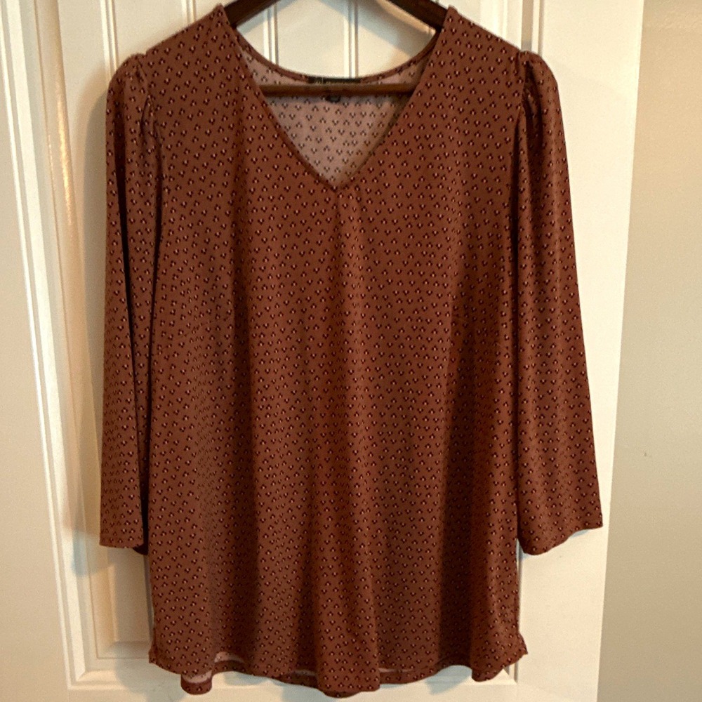 Adrianna Papell Women's Brown Geometric V-Neck 3/4 Sleeve Pullover Blouse XL